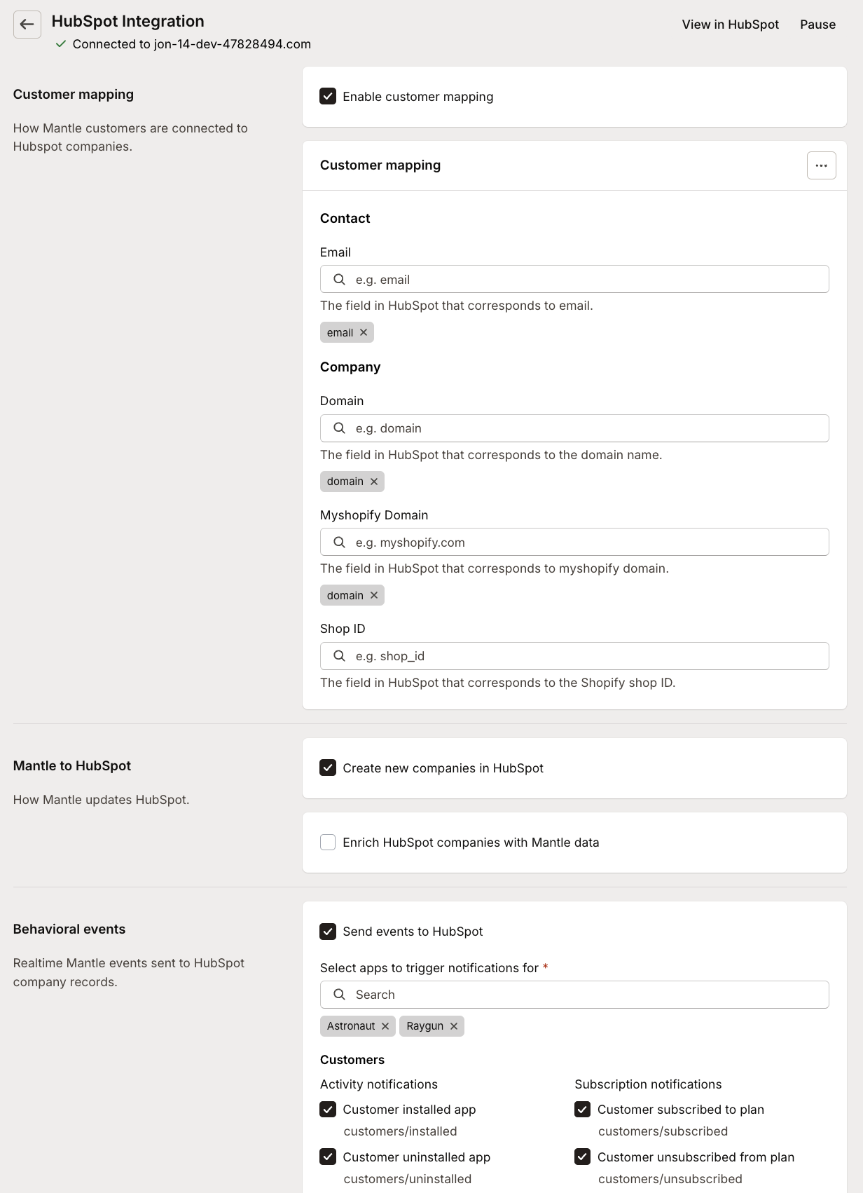 Hubspot settings