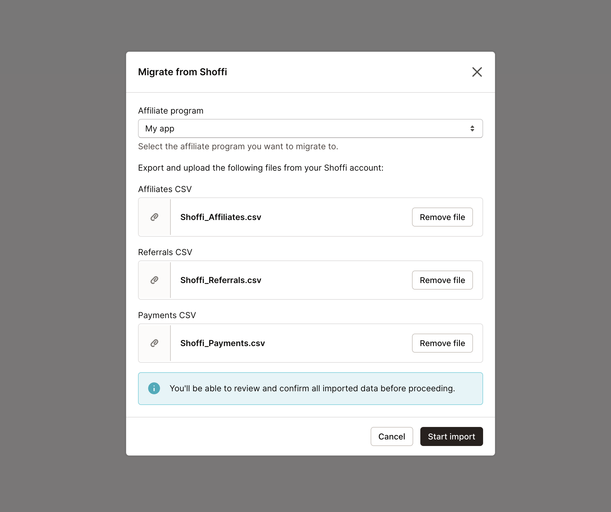 Shoffi migration selection button