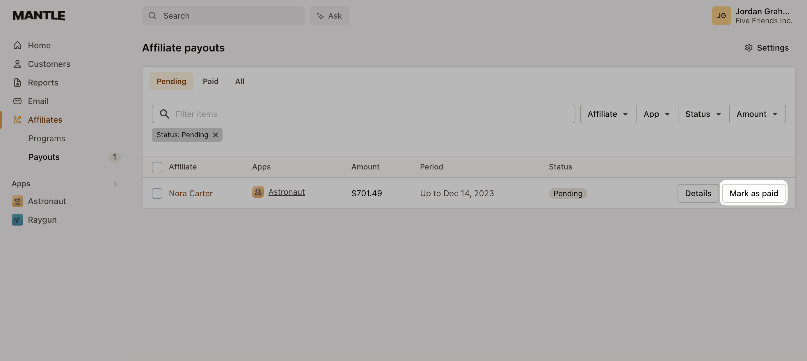 affiliate payouts mark as paid