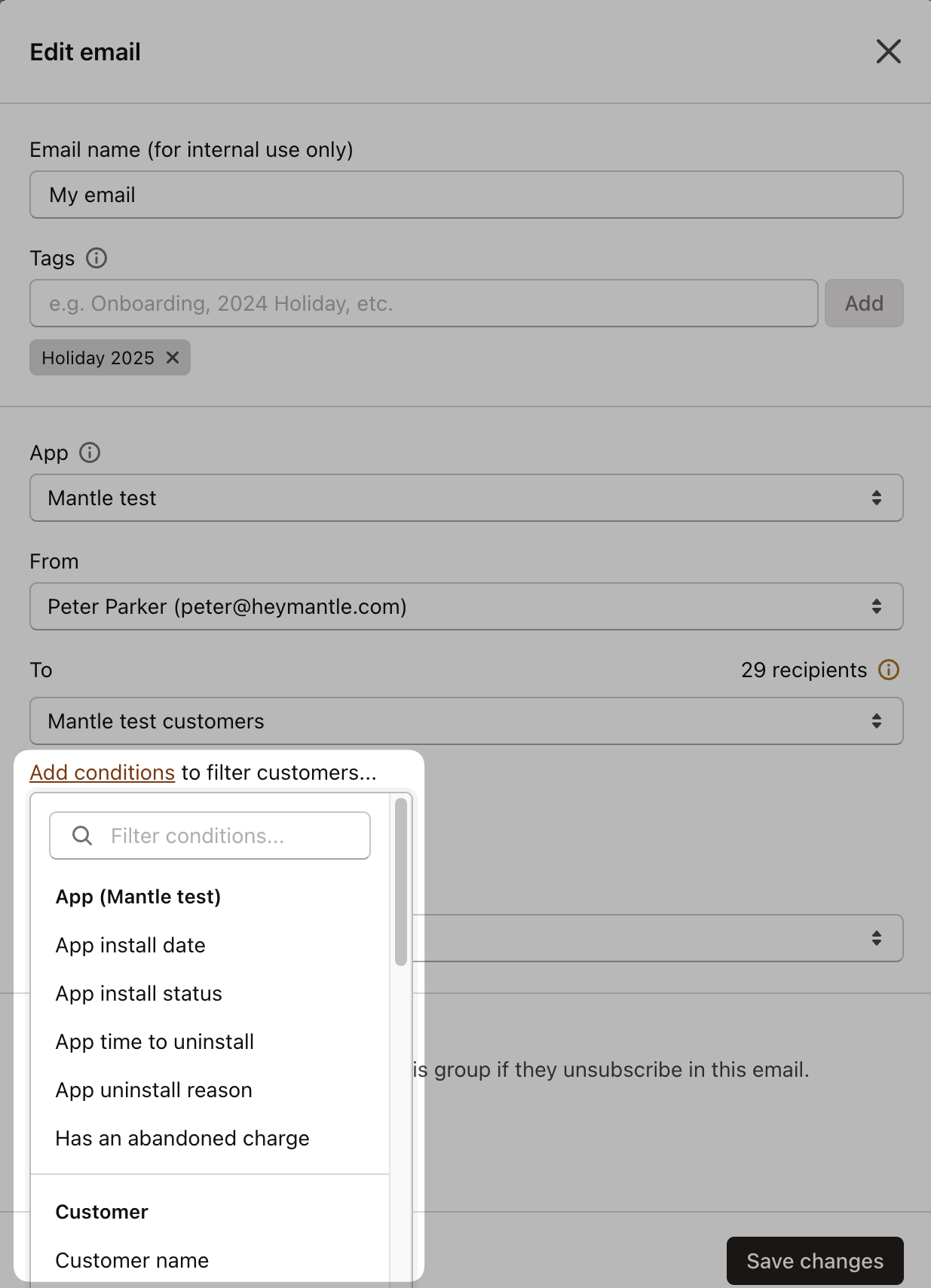 Email customer conditions