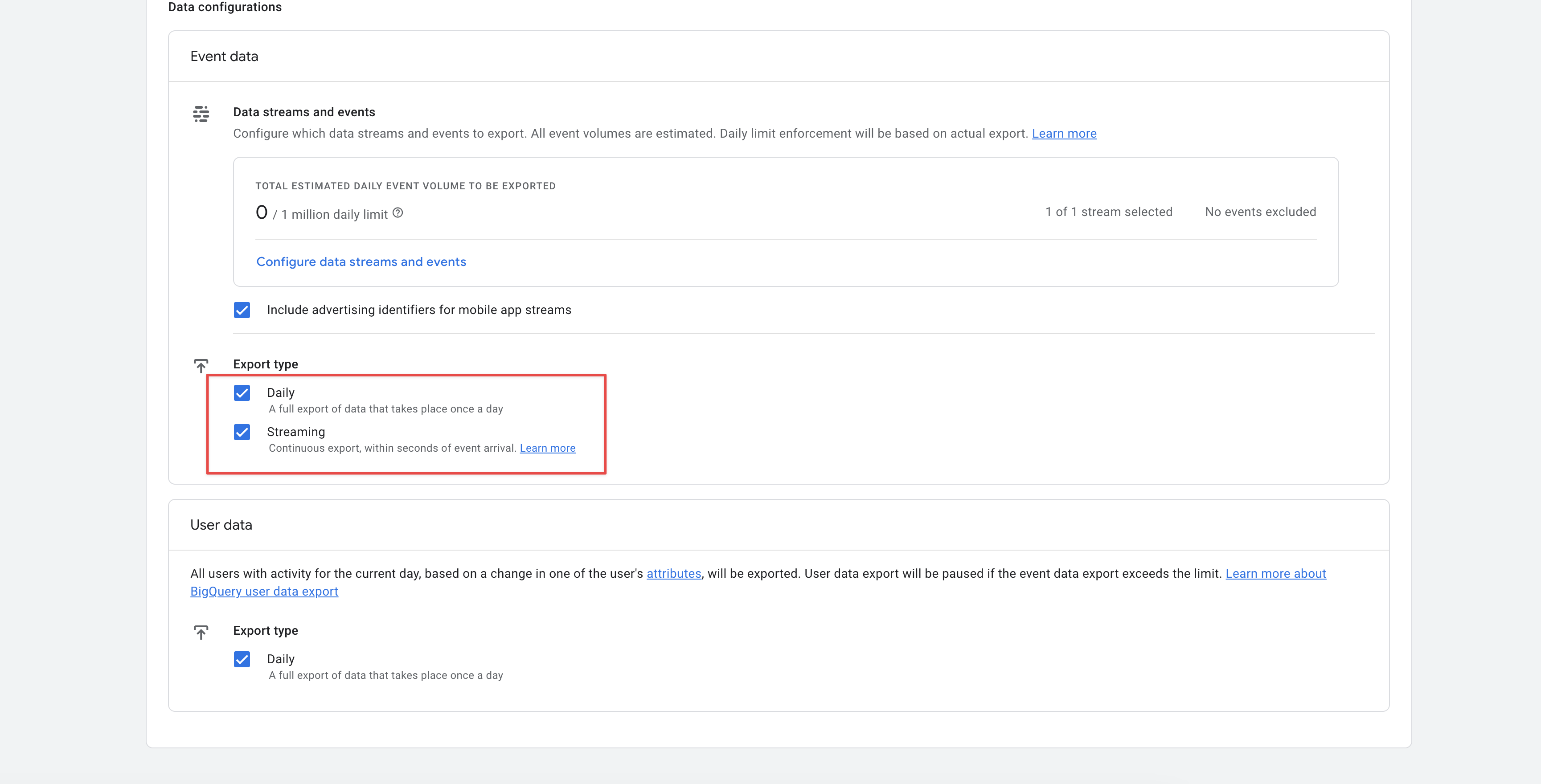 BigQuery link streaming settings
