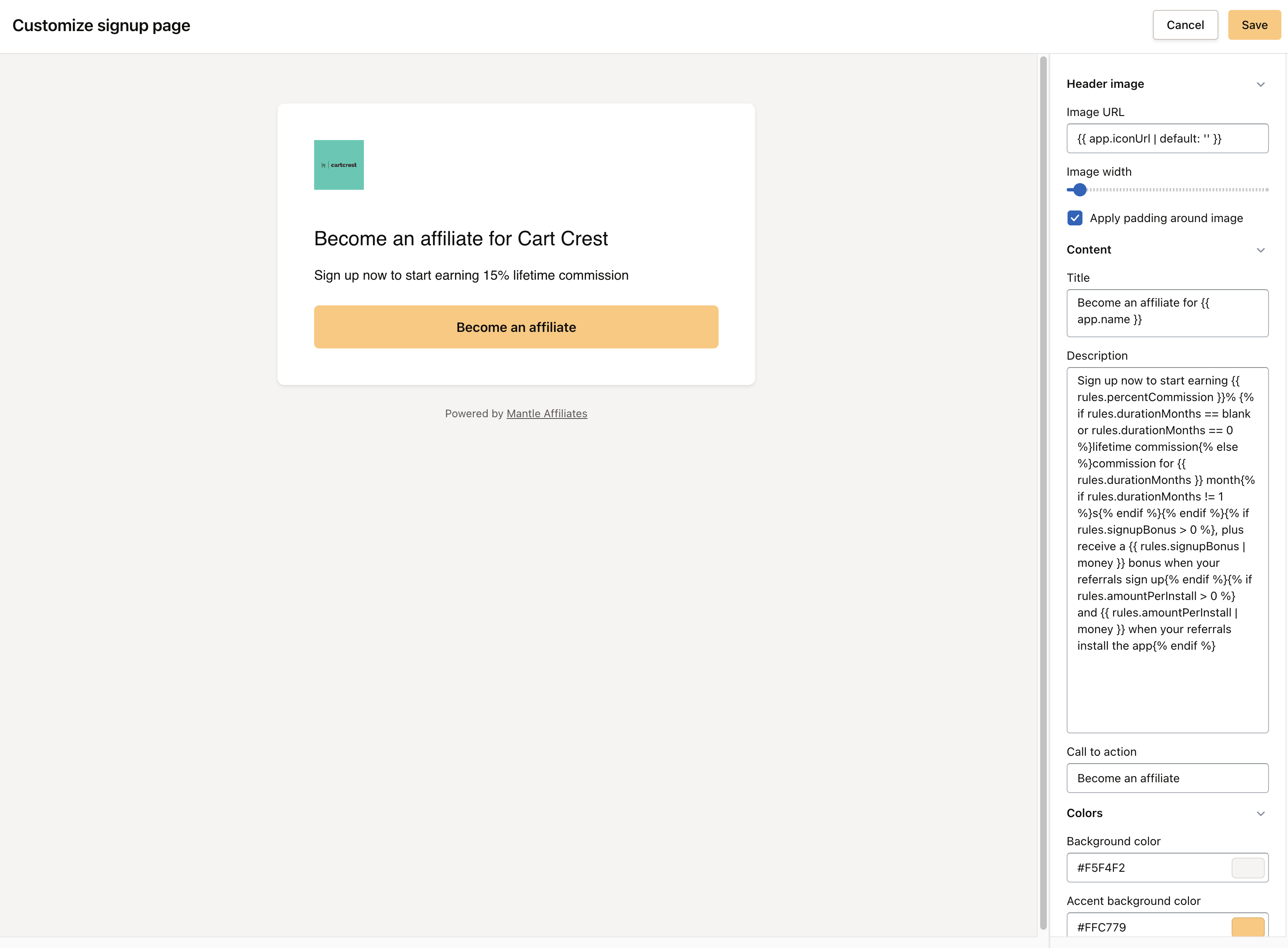 affiliates sign up page customizer