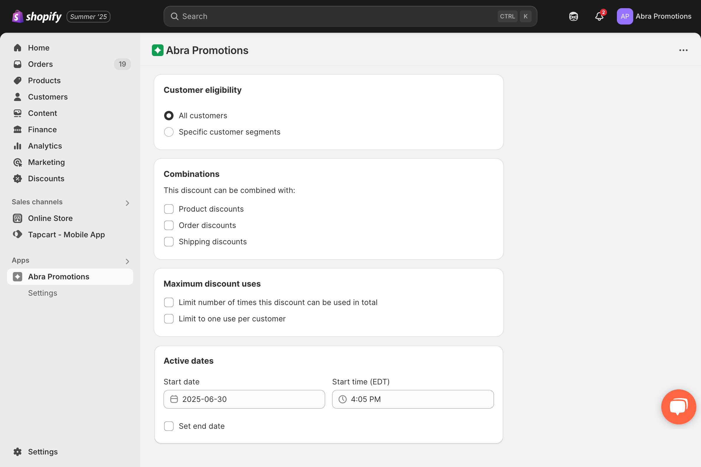 Within the Discount settings, add a start date and time