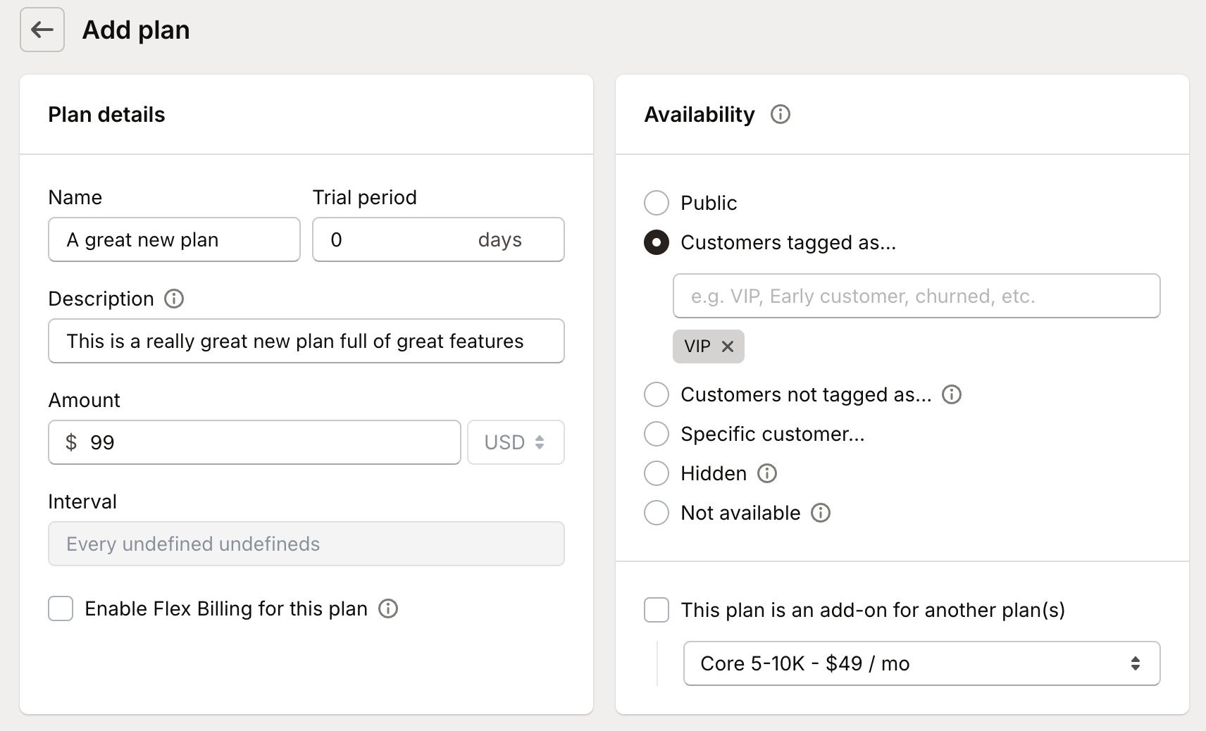 Plan and feature management interface