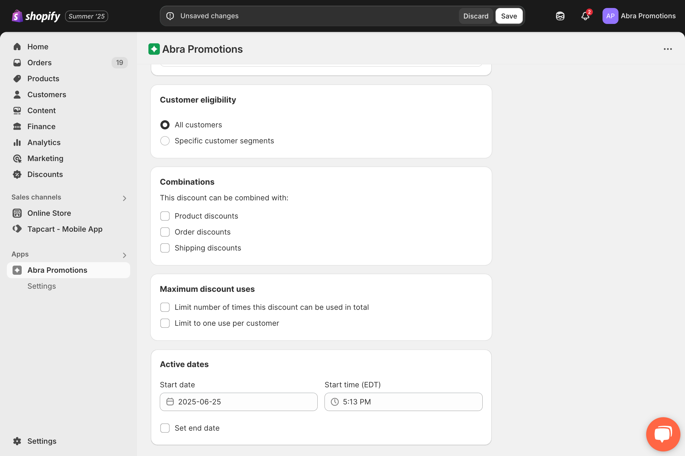 Step 7: Set Customer Eligibility, Discount Combinations, Usage Limits, and Active/End Dates
