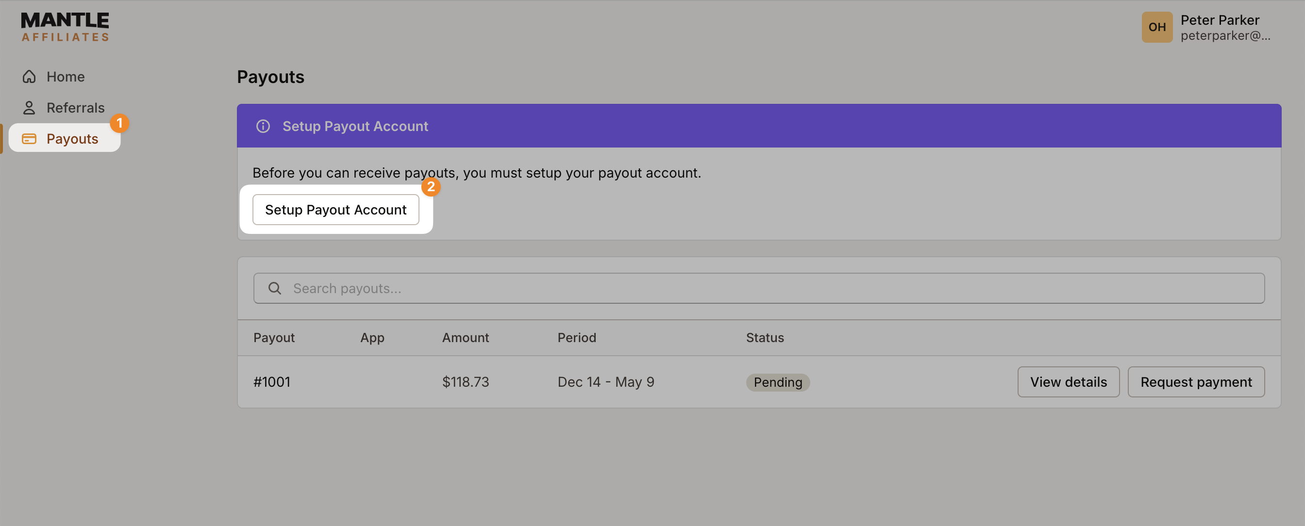 Mantle Affiliates setup payout account