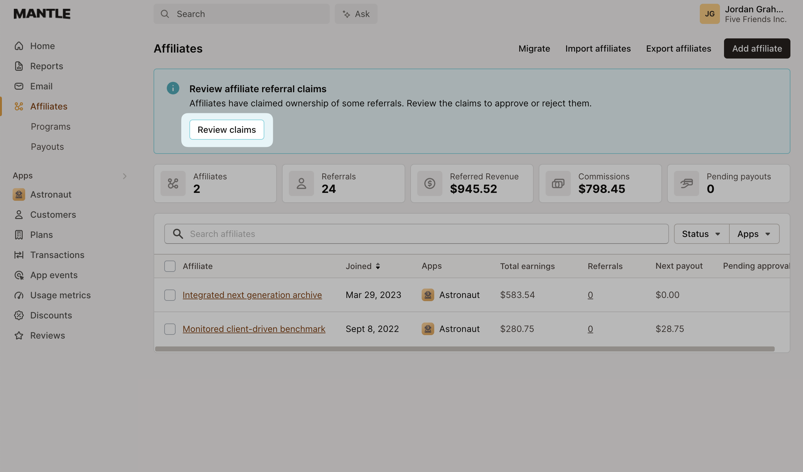 Review affiliates' claims button