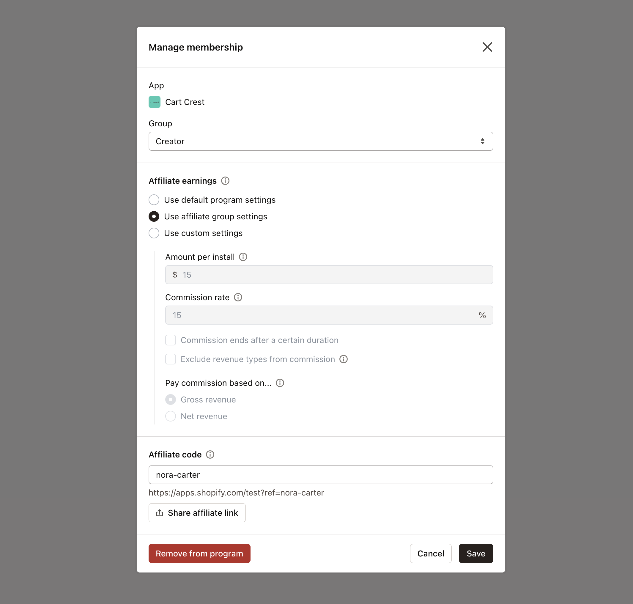 affiliates program settings
