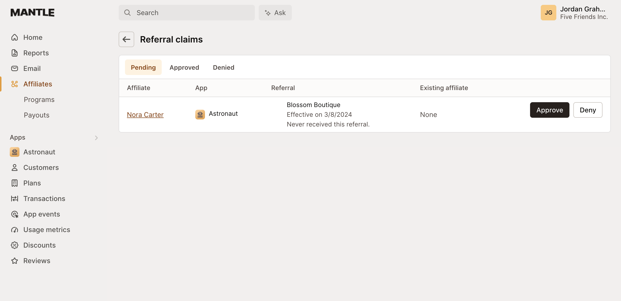 Review affiliates' claims page