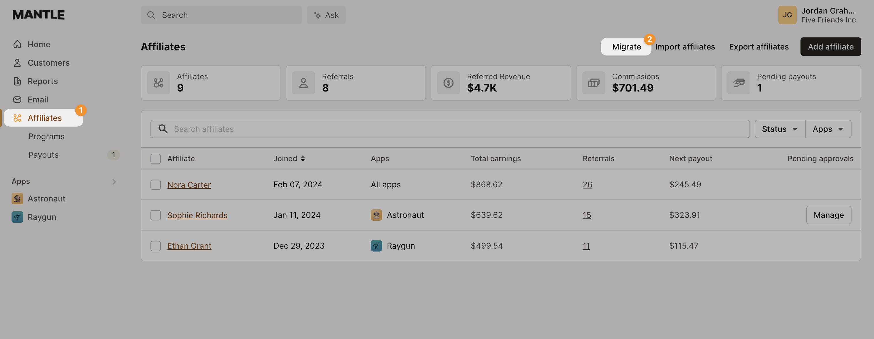 Affiliates migrate button