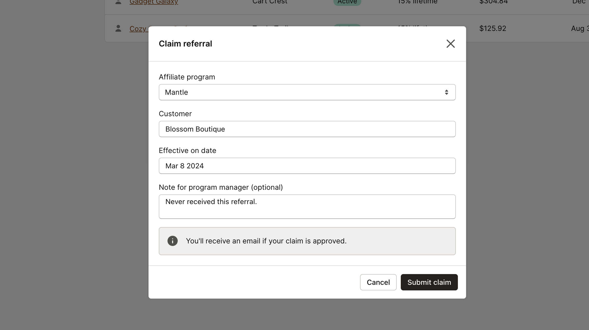 Claim a missing referral modal