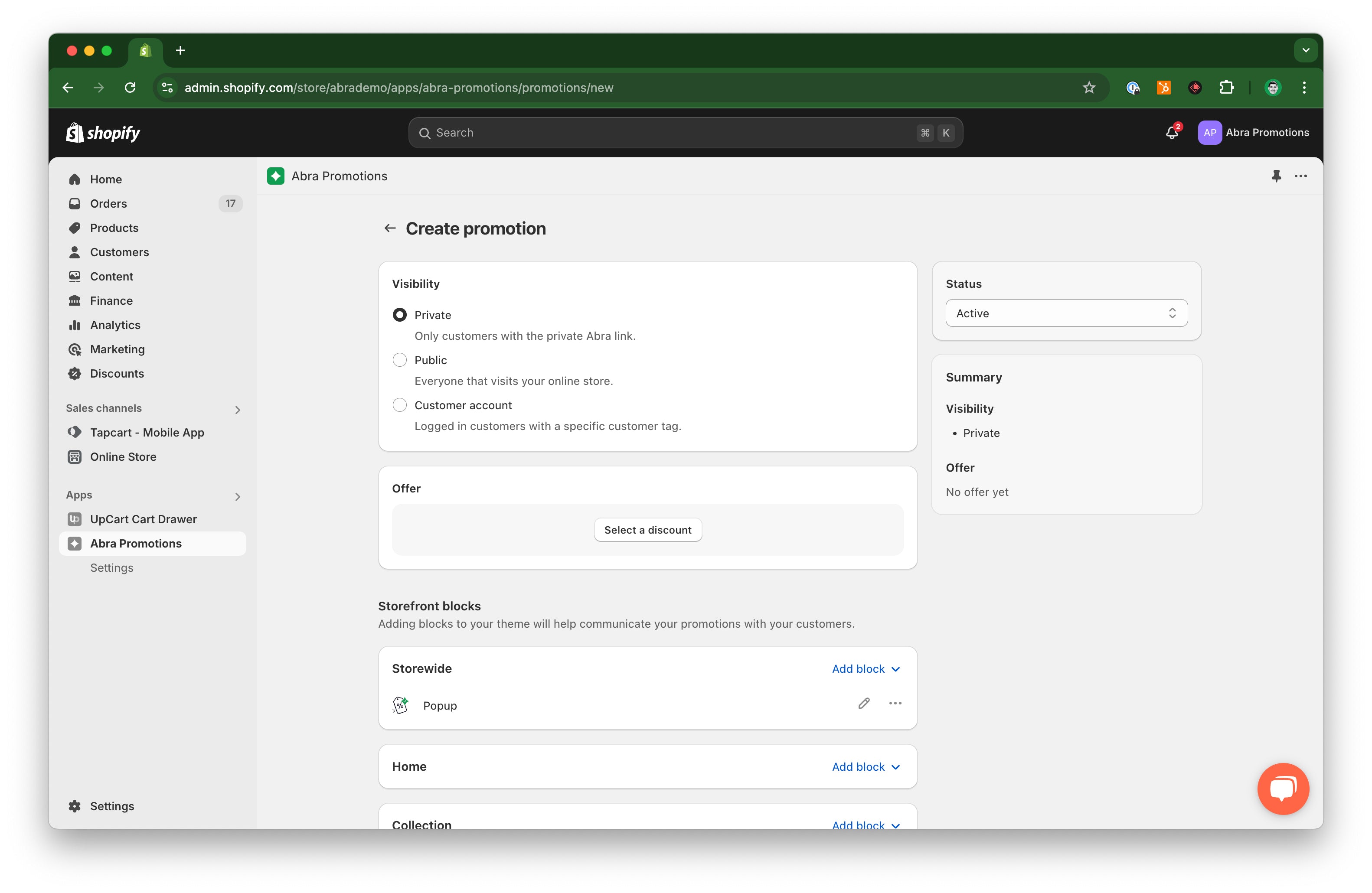 Create a promotion in Abra set to private visibility