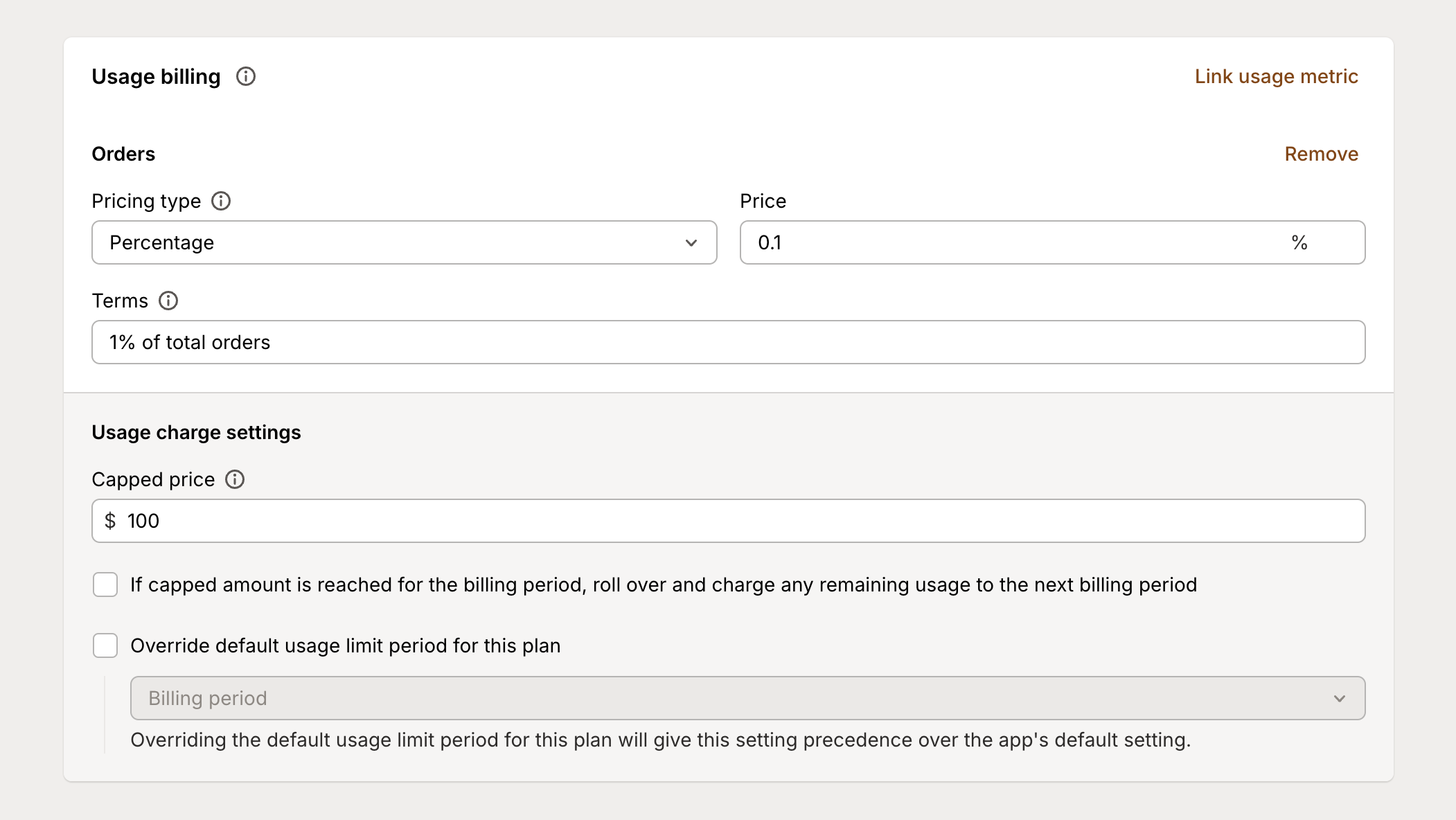 Percentage usage billing