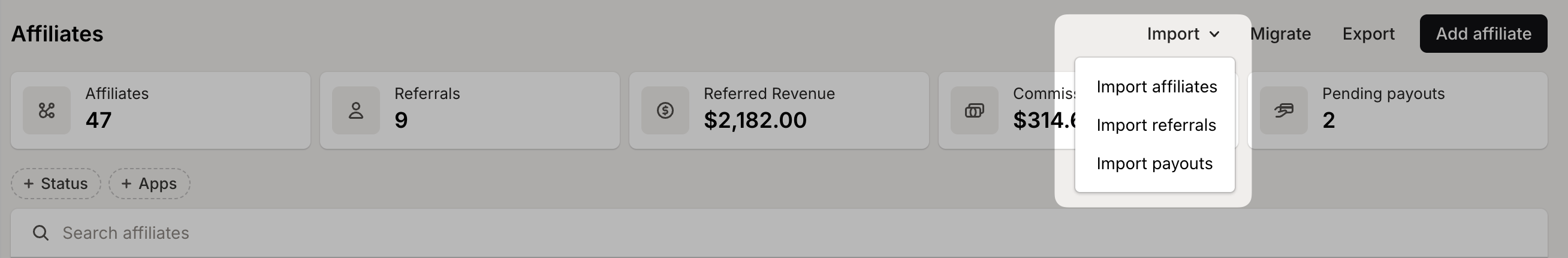 Bulk import affiliates