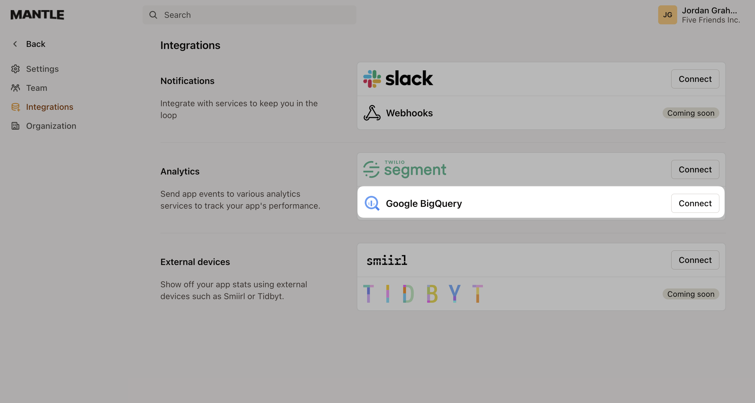 Connect BigQuery in Mantle