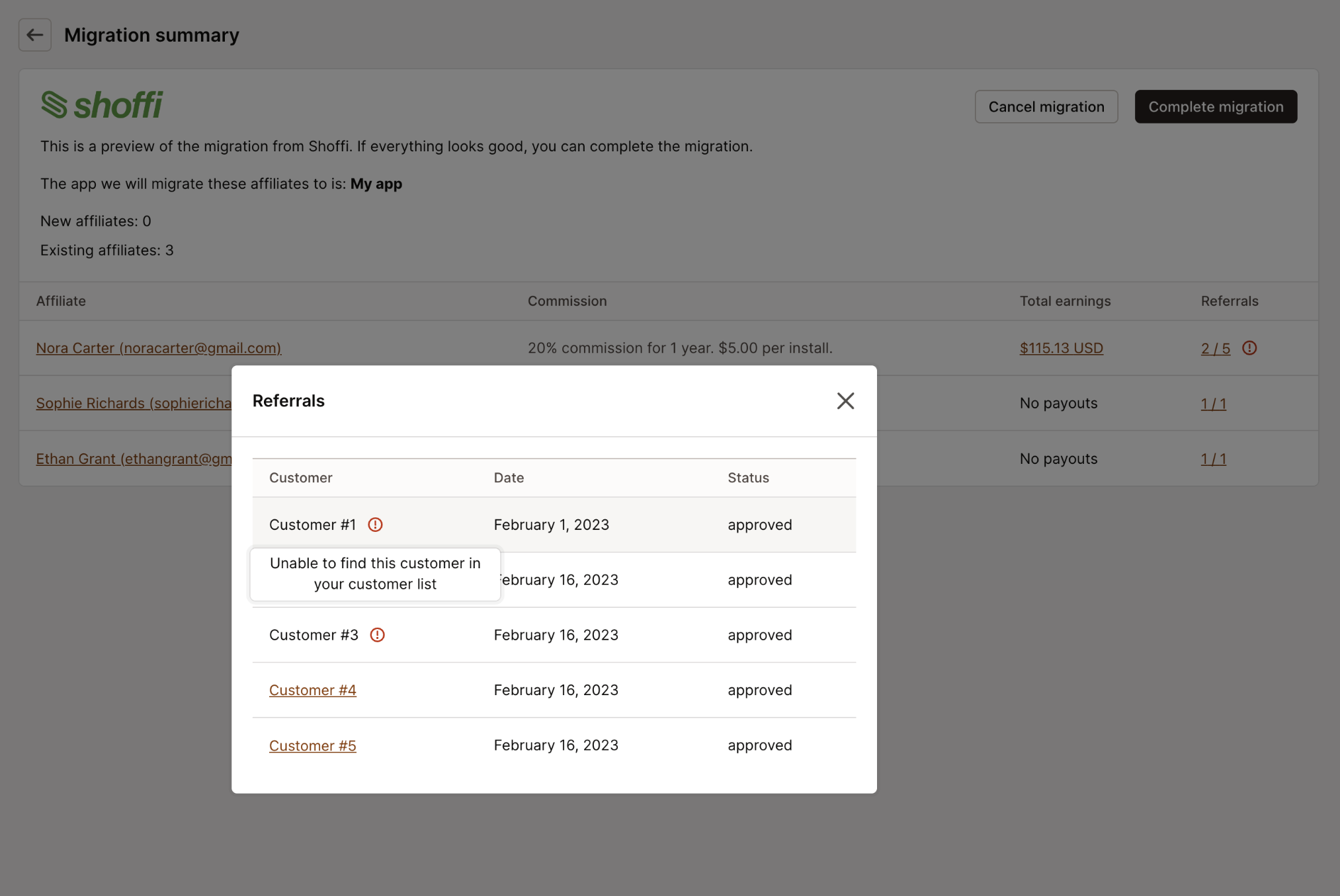 Shoffi migration summary error