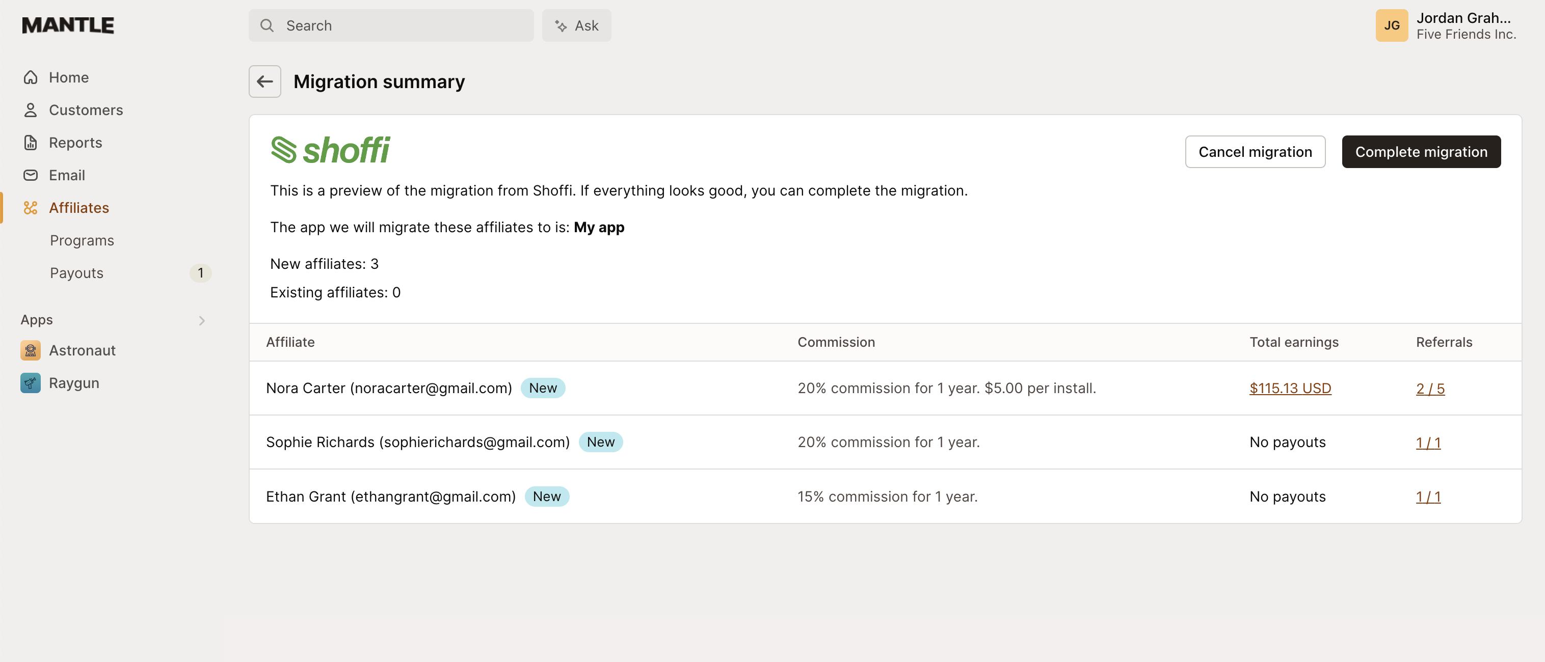 Shoffi migration summary page