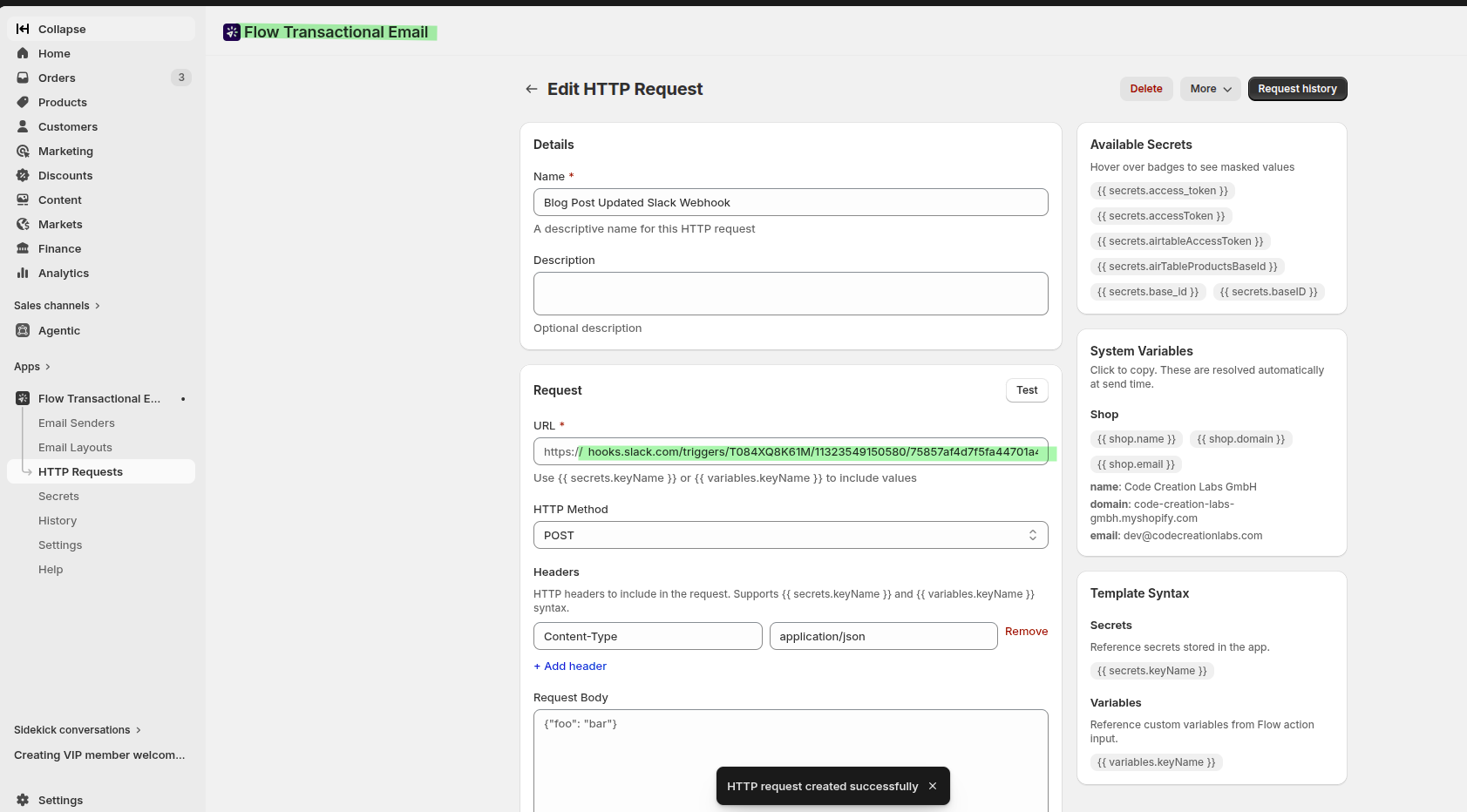 Shopify Flow action picker showing HTTP Request from Flow Transactional Email