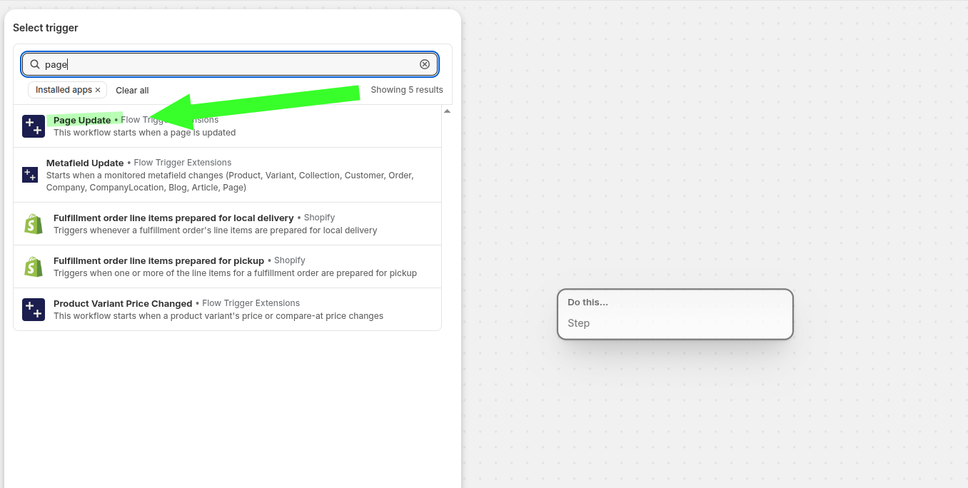 Shopify Flow trigger picker showing the Page Update trigger from Flow Trigger Extensions