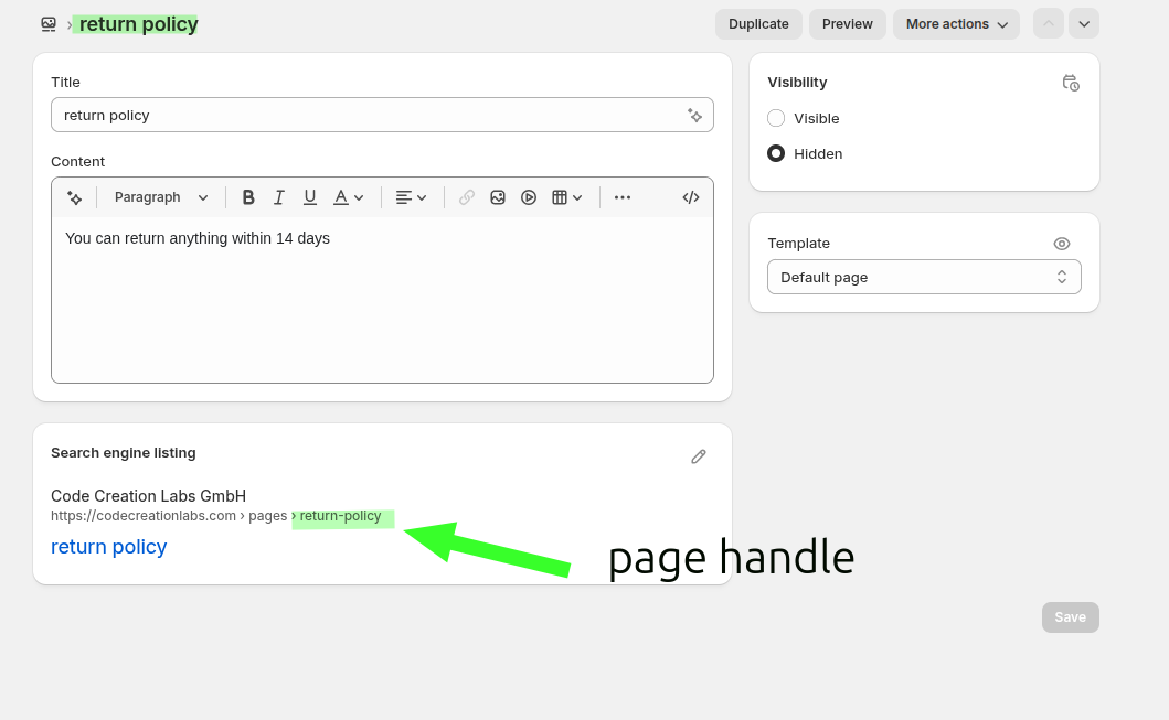 Shopify page editor showing the page handle return-policy in the search engine listing