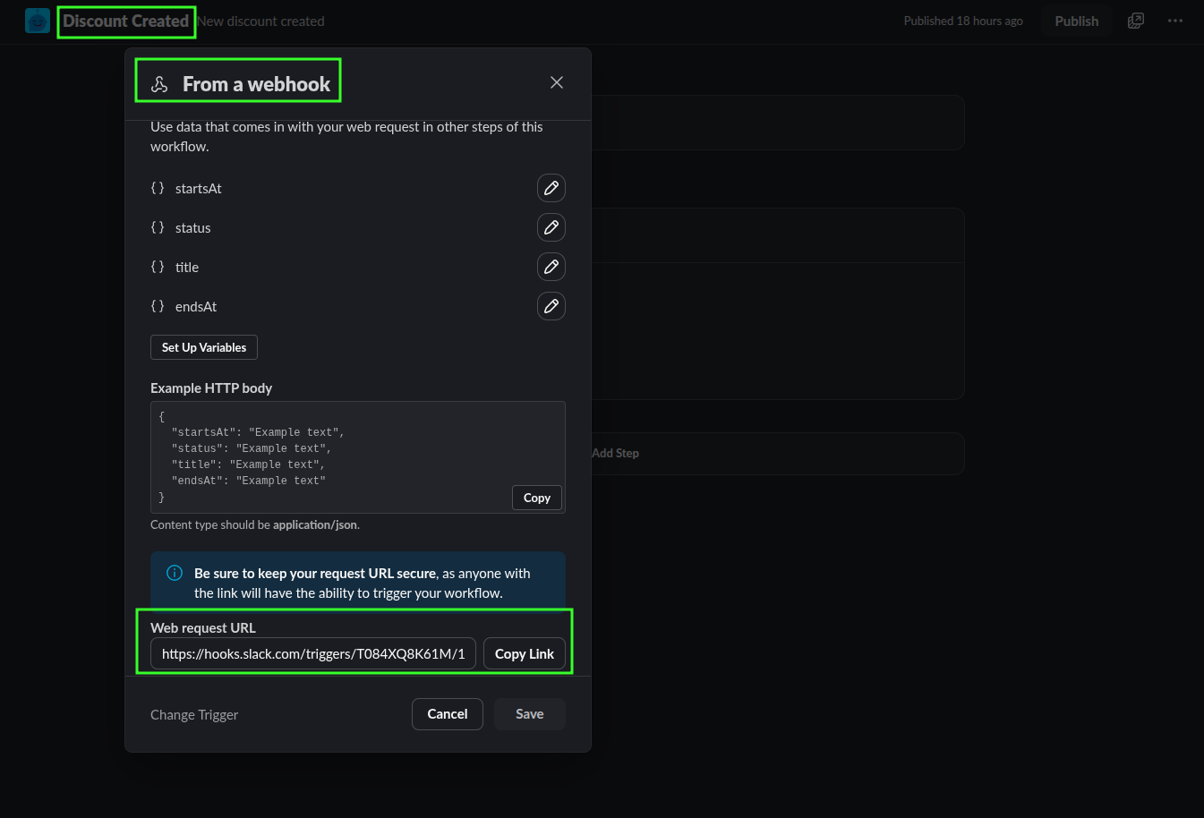 Slack workflow setup showing the Discount Created workflow using the From a webhook trigger and a web request URL