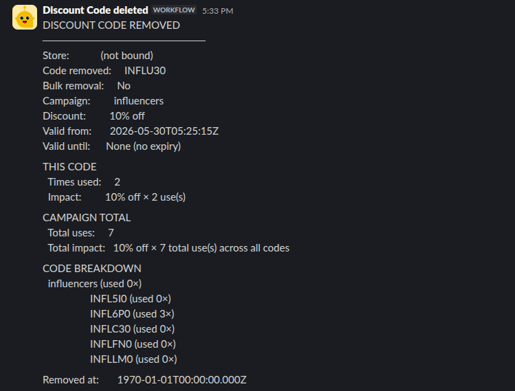 Slack message showing the discount code removed summary