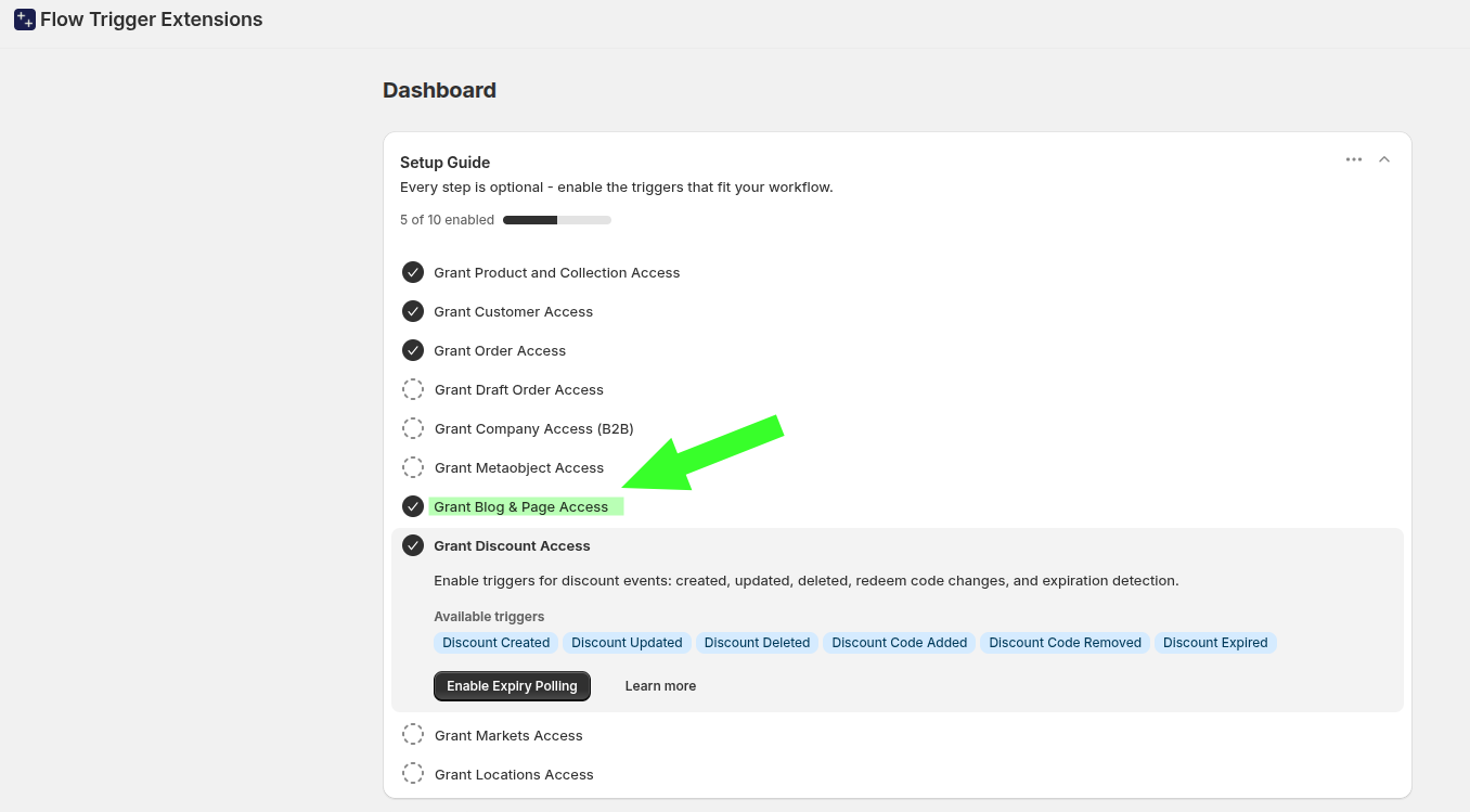 Flow Trigger Extensions dashboard showing Grant Blog & Page Access enabled