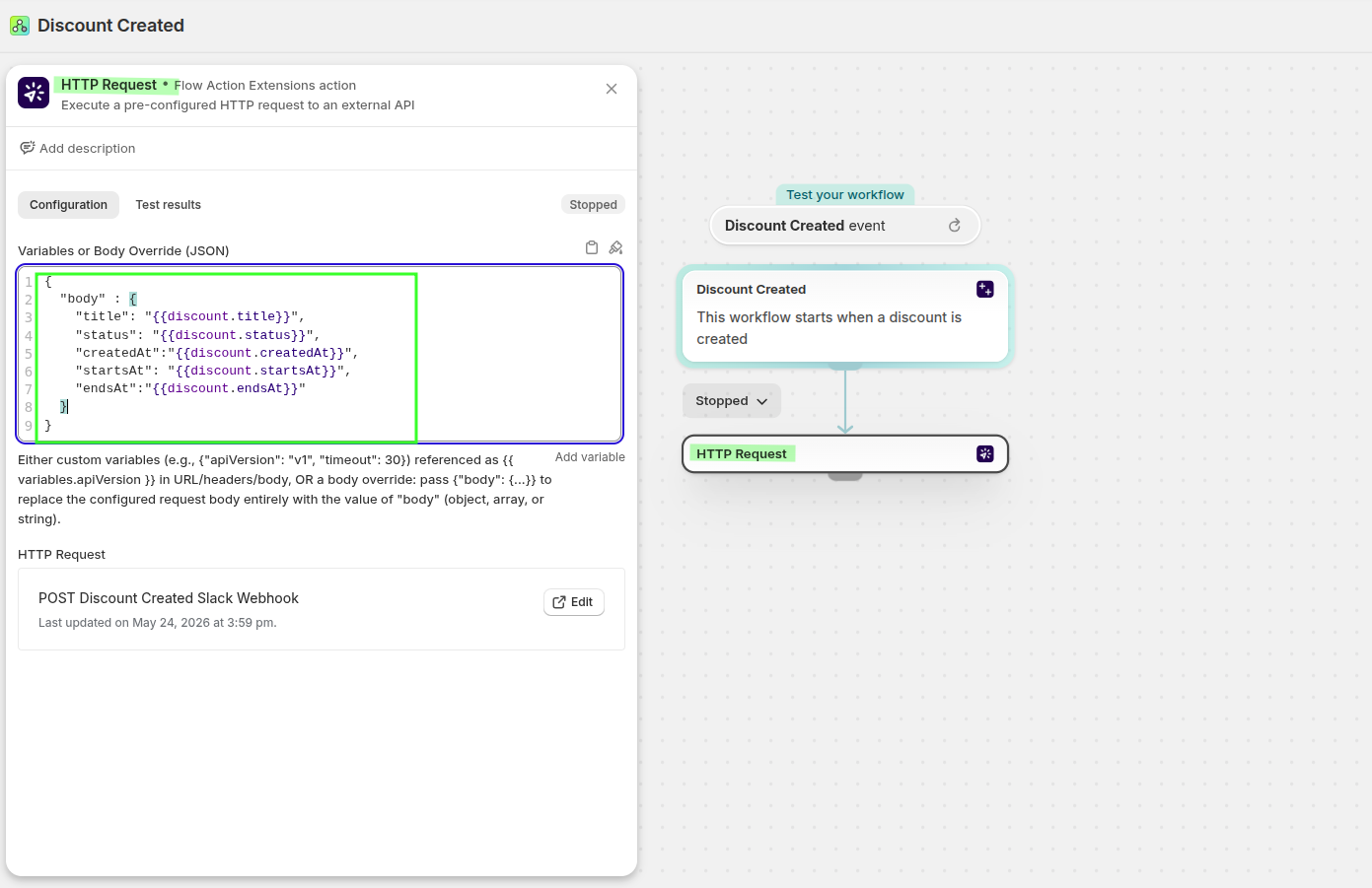 Shopify Flow workflow using the Discount Created trigger and an HTTP Request action with discount fields in the JSON body