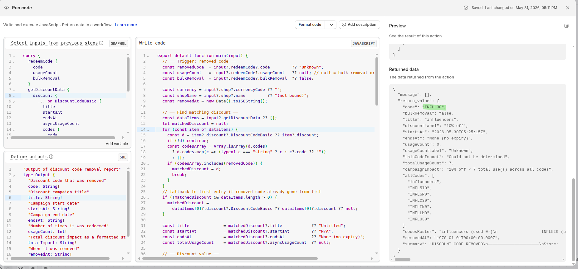 Run code step in Shopify Flow with the query, outputs, and JavaScript report builder