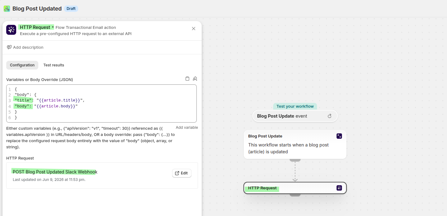 Flow Transactional Email HTTP request configuration for Slack webhook
