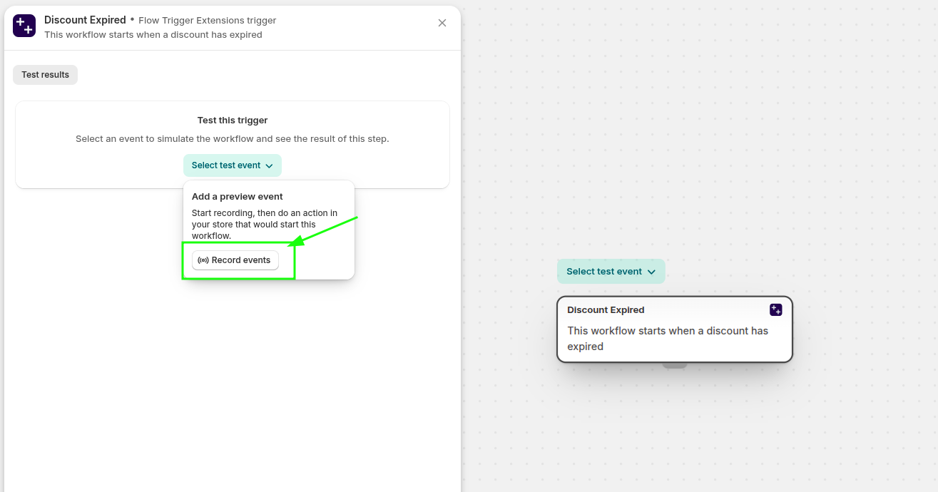 Shopify Flow test panel showing Select test event and Record events