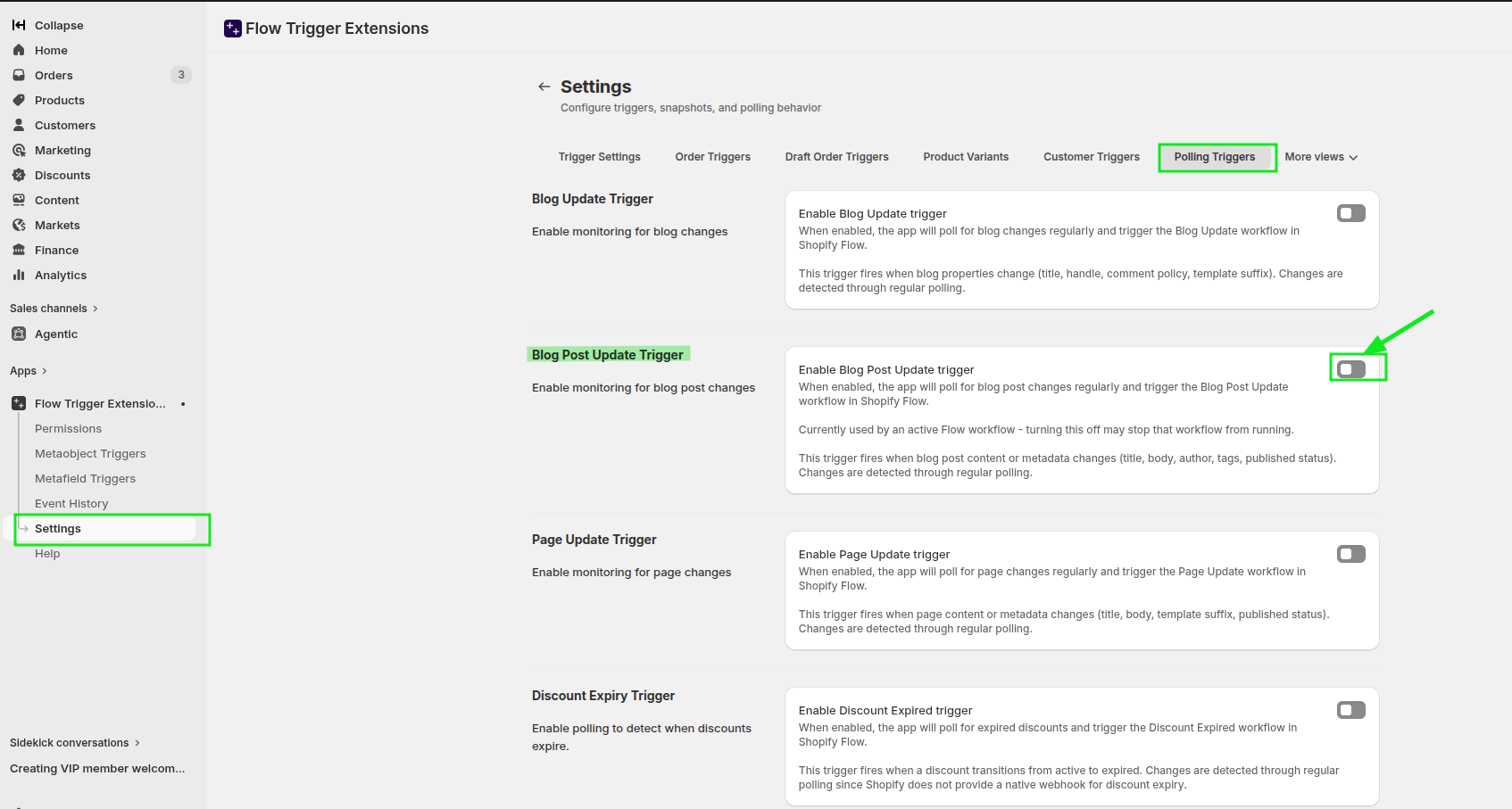 Polling Triggers settings with Enable Blog Post Update trigger turned on