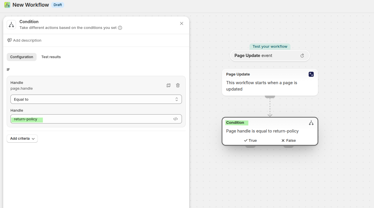 Shopify Flow condition checking whether page handle equals return-policy