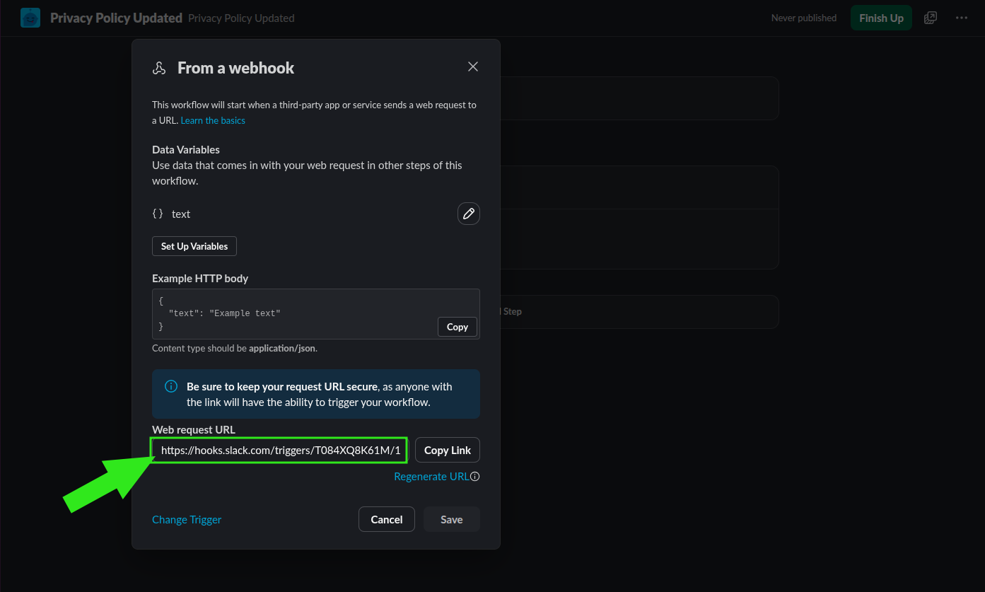Slack webhook setup showing the Web request URL and copy link button