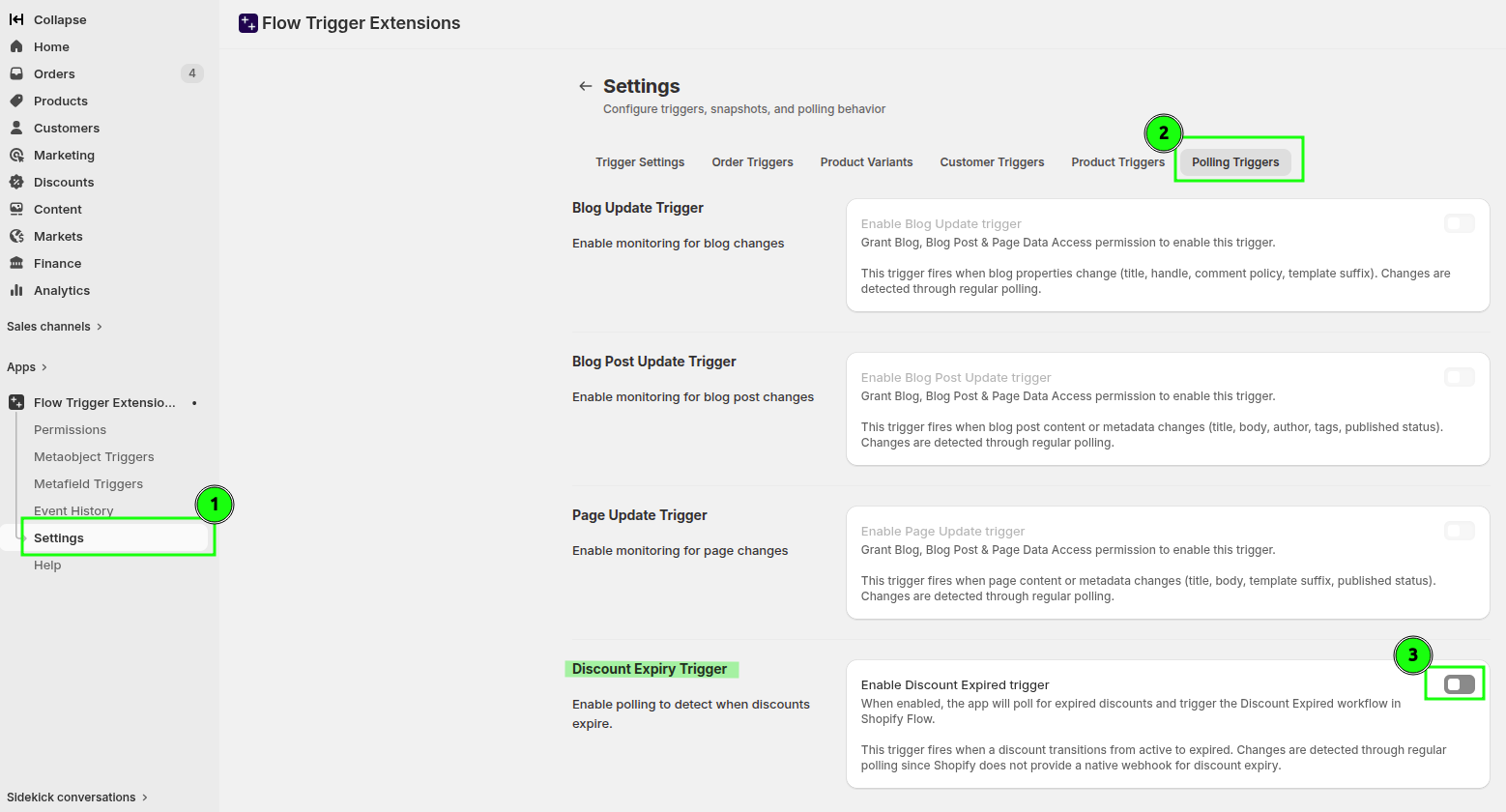 Settings page with Polling Triggers open and Discount Expiry Trigger enabled