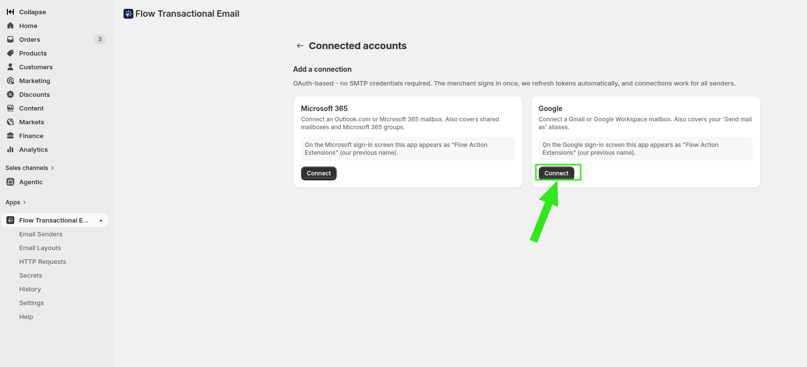 Google connection card with the Connect button on the Connected accounts page
