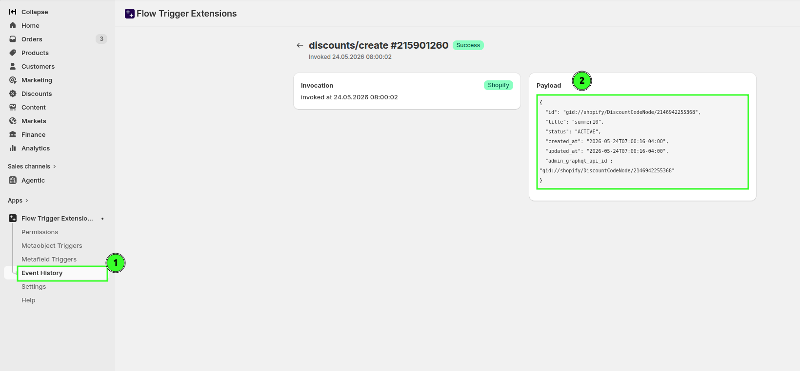 Flow Trigger Extensions Event History screen showing a discounts create event and its payload