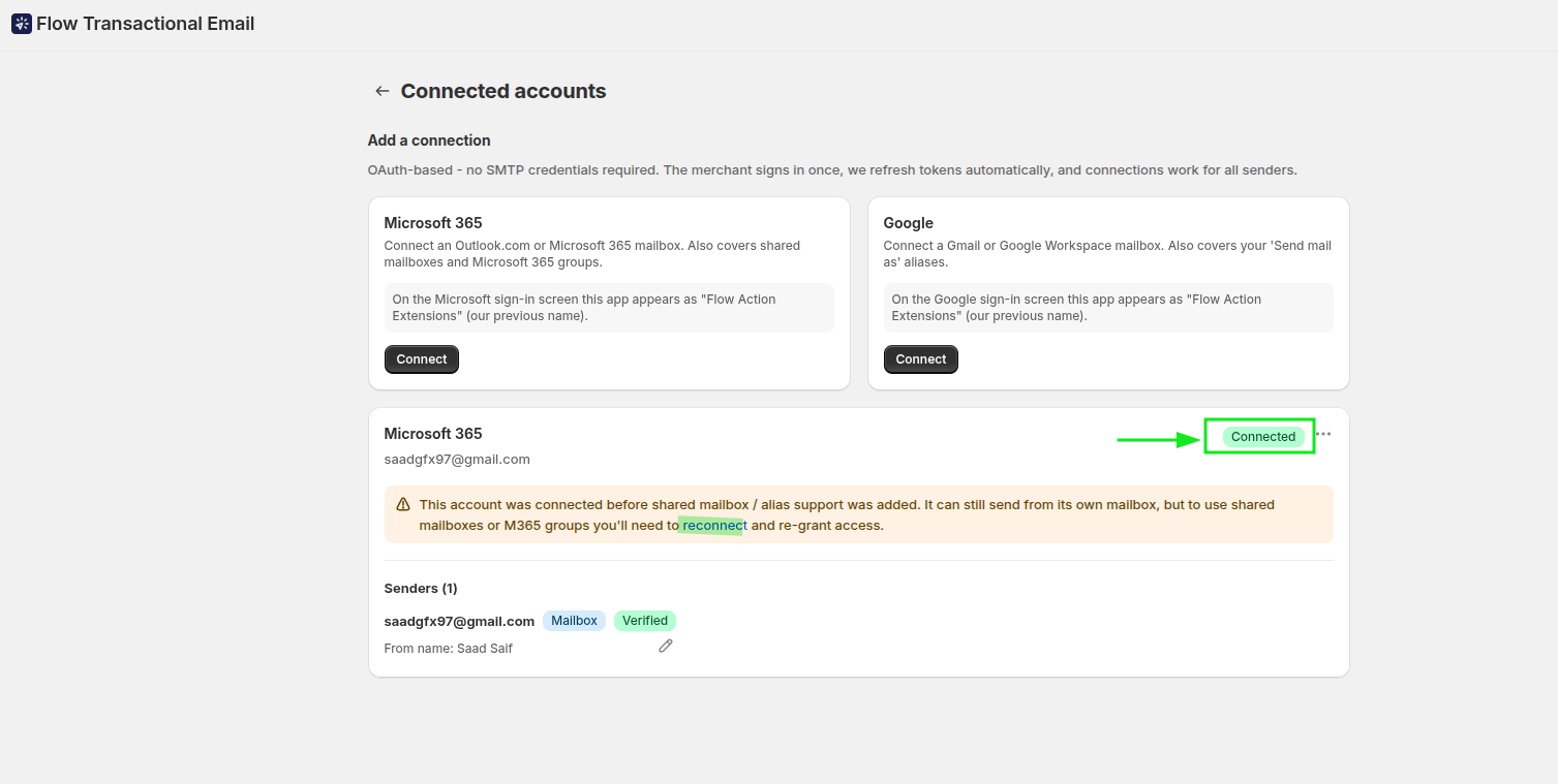 Microsoft 365 connected successfully on the Connected accounts page