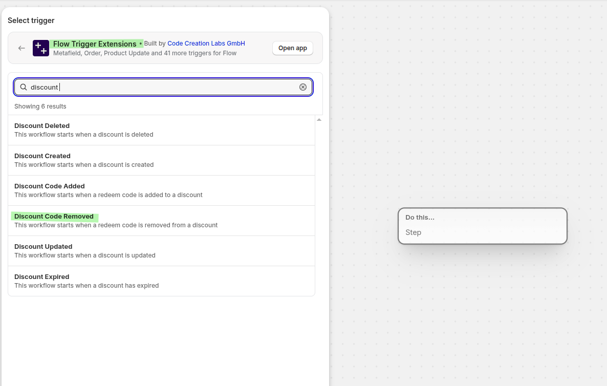 Shopify Flow trigger picker with Discount Code Removed selected