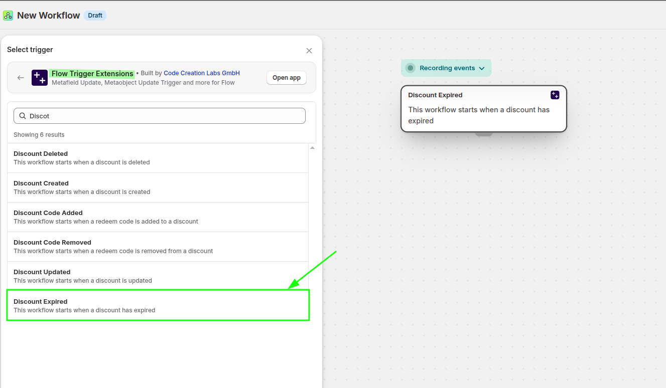 Shopify Flow trigger list showing the Discount Expired trigger