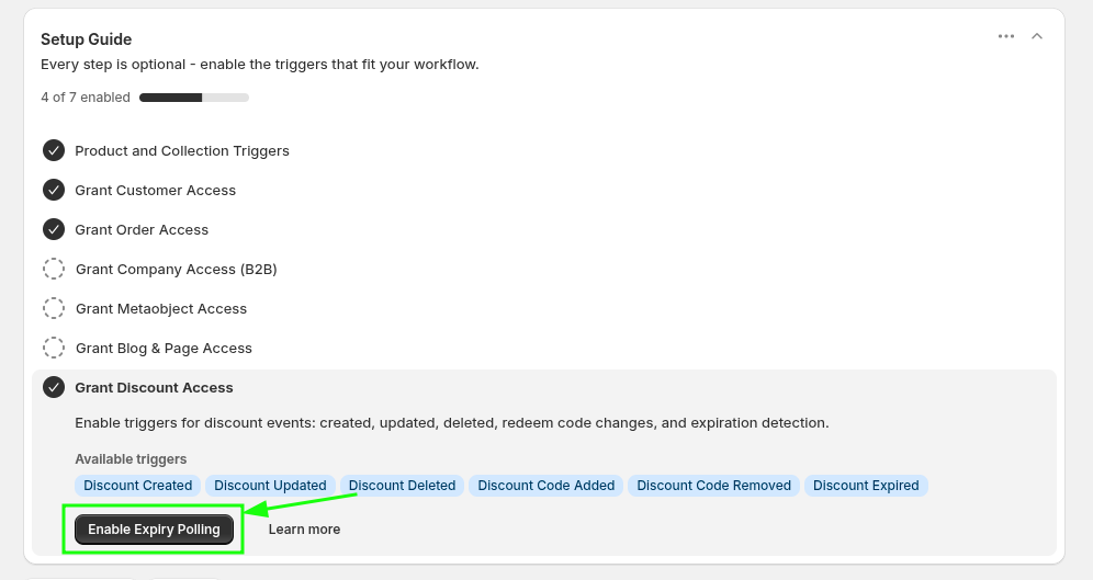 Setup Guide showing the Enable Expiry Polling button under Grant Discount Access