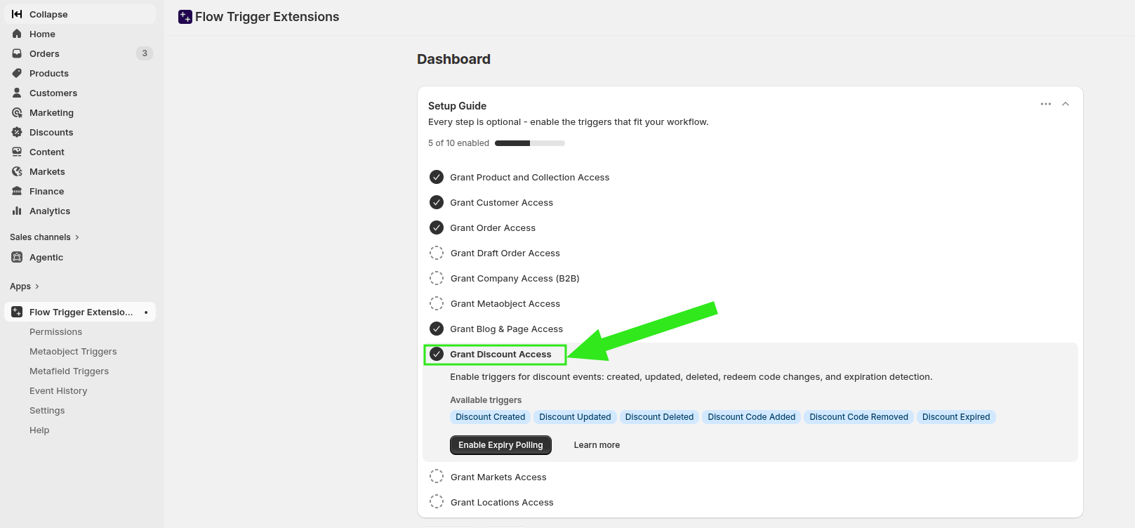 Flow Trigger Extensions dashboard showing Grant Discount Access enabled