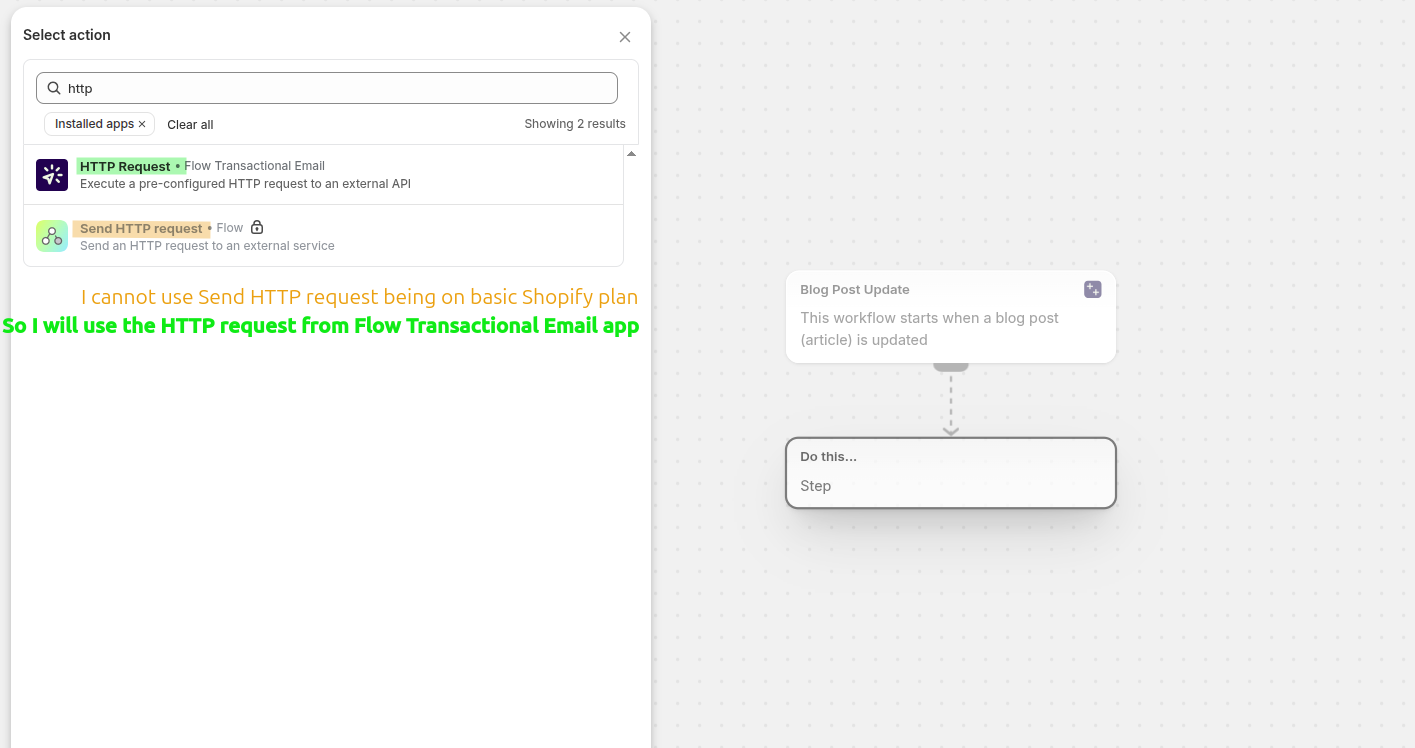 HTTP Request action in Shopify Flow sending updated blog title and body to Slack