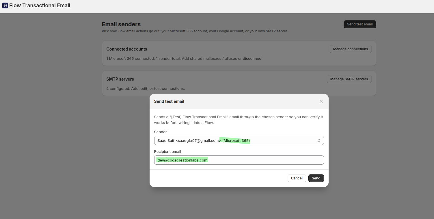 Send test email dialog with Microsoft 365 selected as the sender and a recipient email entered