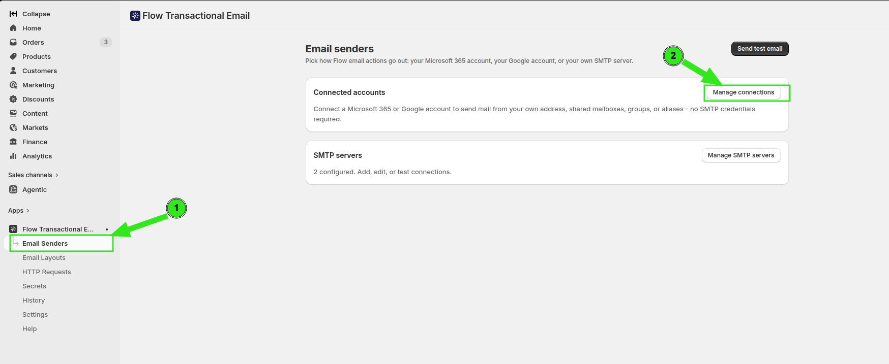 Email senders page with the Manage connections button in Flow Transactional Email