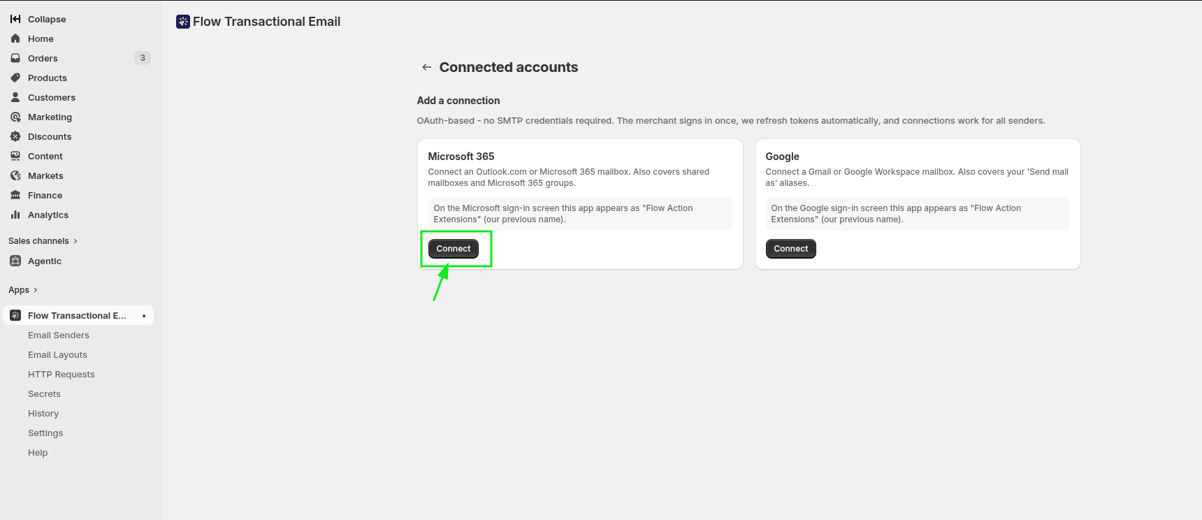 Connected accounts page showing the Microsoft 365 Connect button