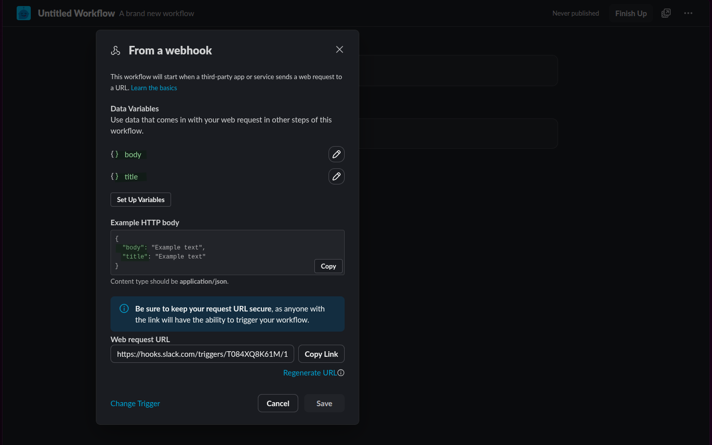 Slack workflow webhook trigger with title and body variables