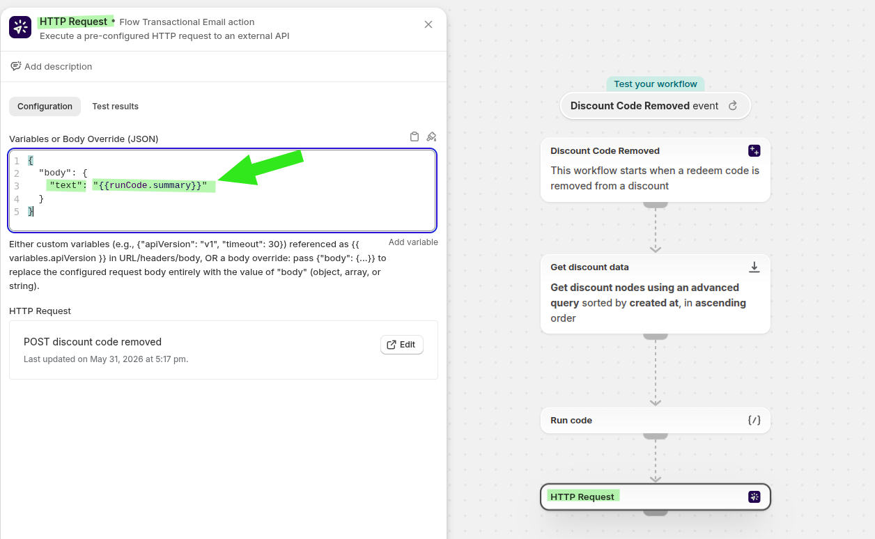 HTTP Request action in Shopify Flow sending the runCode summary in the text field