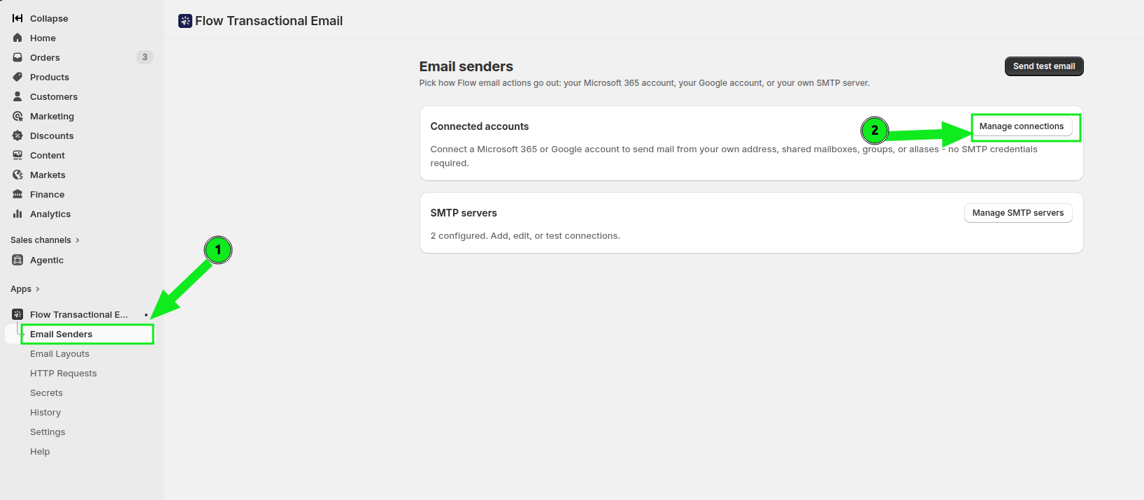 Email senders page with the Manage connections button in Flow Transactional Email