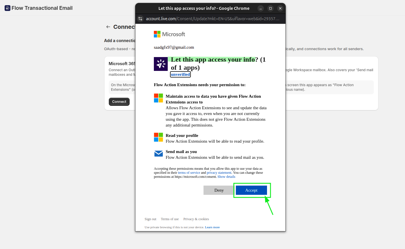 Microsoft authorization window requesting permission for Flow Transactional Email
